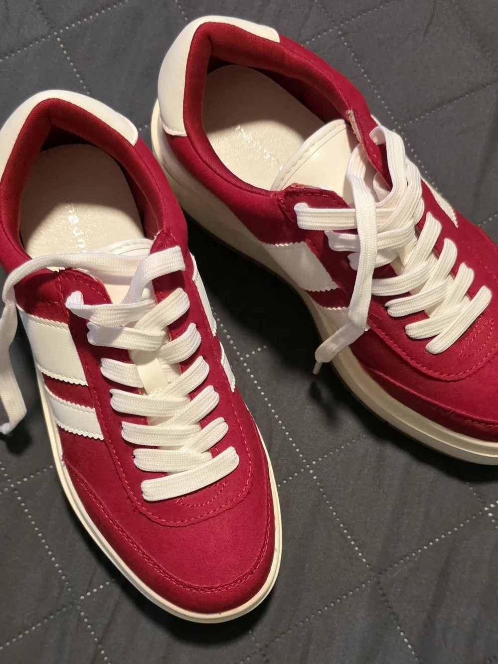 Women's Madden Girls Navida Red Platform Sneakers with White Stripes